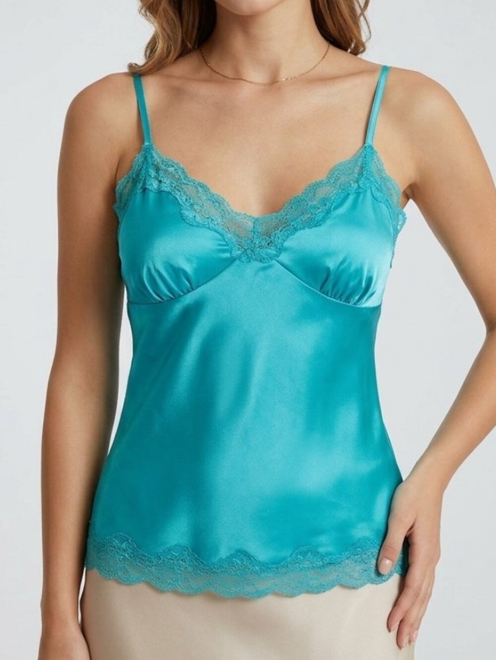 Vintage Teal Satin Lace-Trim V-Neck Camisole Tank Top Size Large